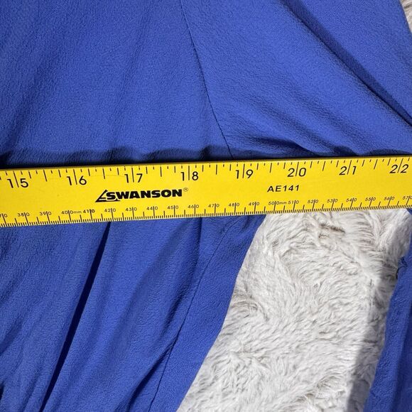 Anthropologie Maeve Dress L Lene Crepe Faux Wrap Pockets Blue Roll Tab Sleeve - Picture 11 of 15